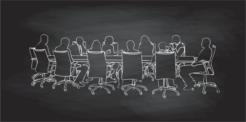 Chalkbaord illustration of a group of business people during a boardroom meeting