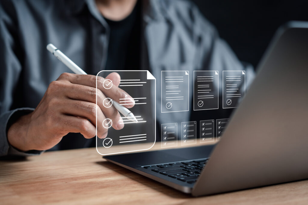Online survey and digital form checklist by laptop computer, Document Management Checking System, online documentation database and process manage files. Online survey and digital form checklist by laptop computer, Document Management Checking System, online documentation database and process manage files.